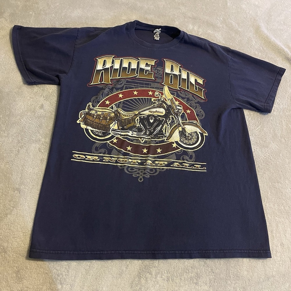 Vintage Motorcycle Shirt Men Large Blue Y2K Graphic Workout Streetwear Gym Tee
